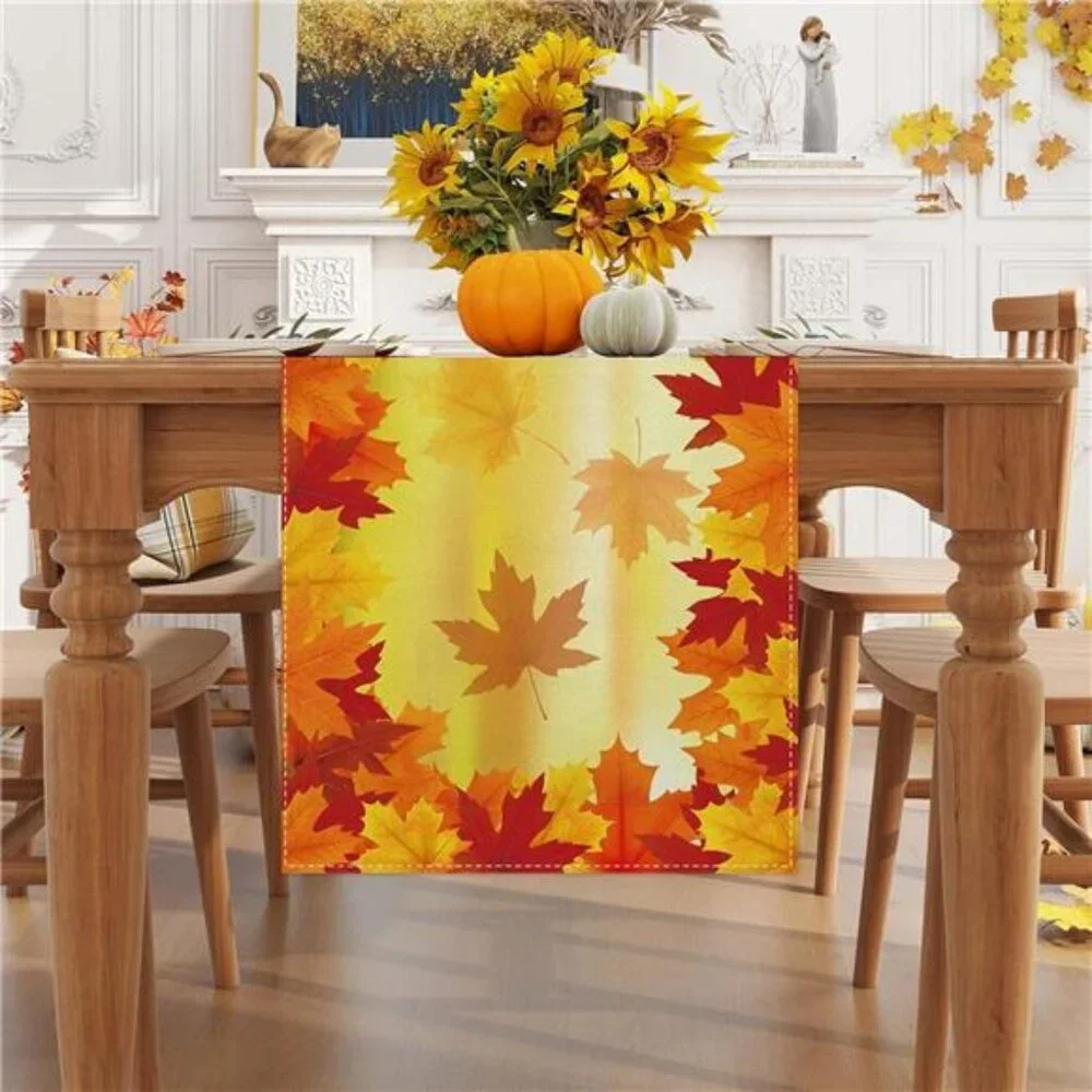 New 72'' Linen Table Runner - Orange Watercolor Maple Leaf Fall Farmhouse Decor‎